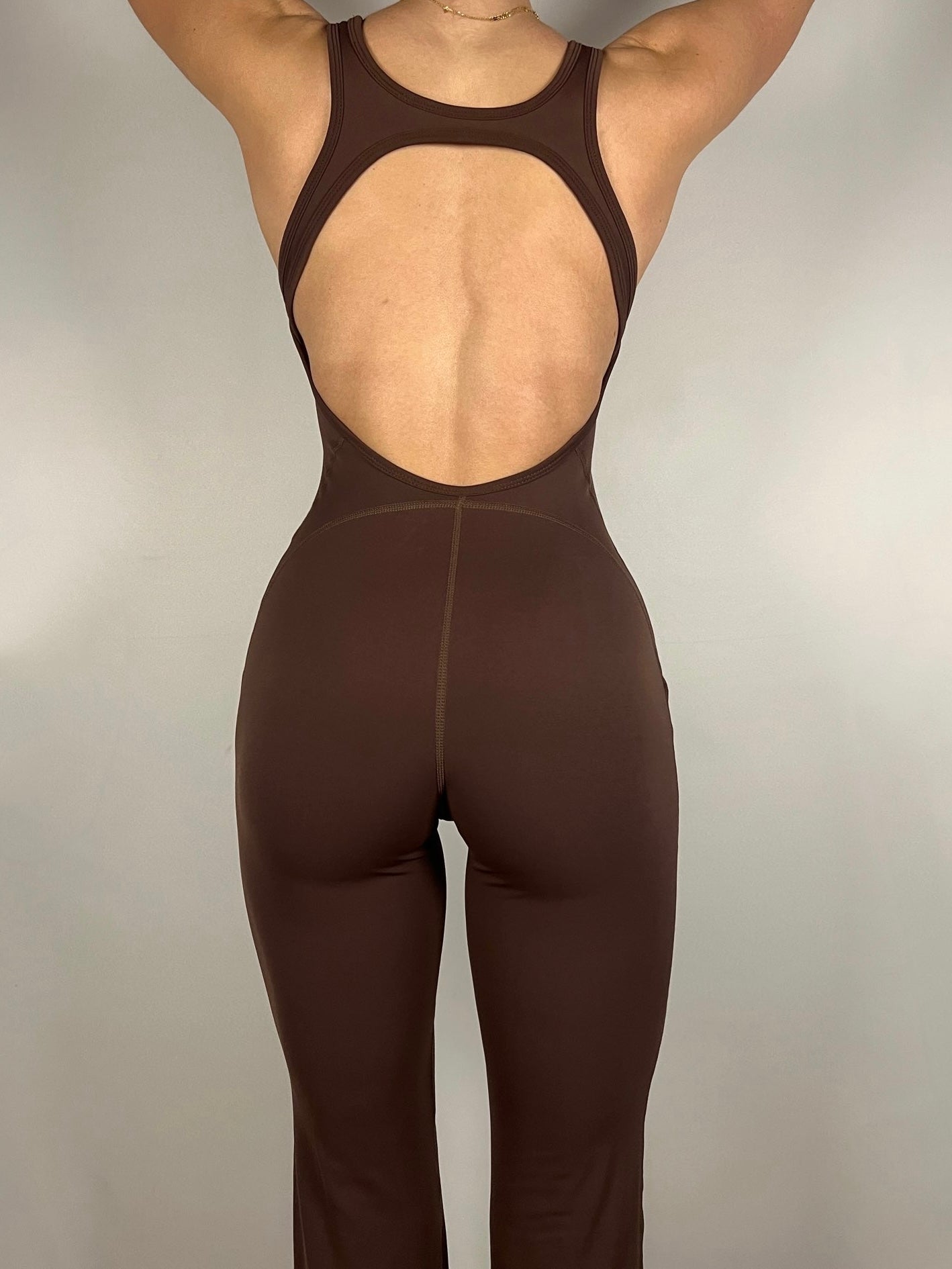 Chocolate Brown Open Back Flared Jumpsuit