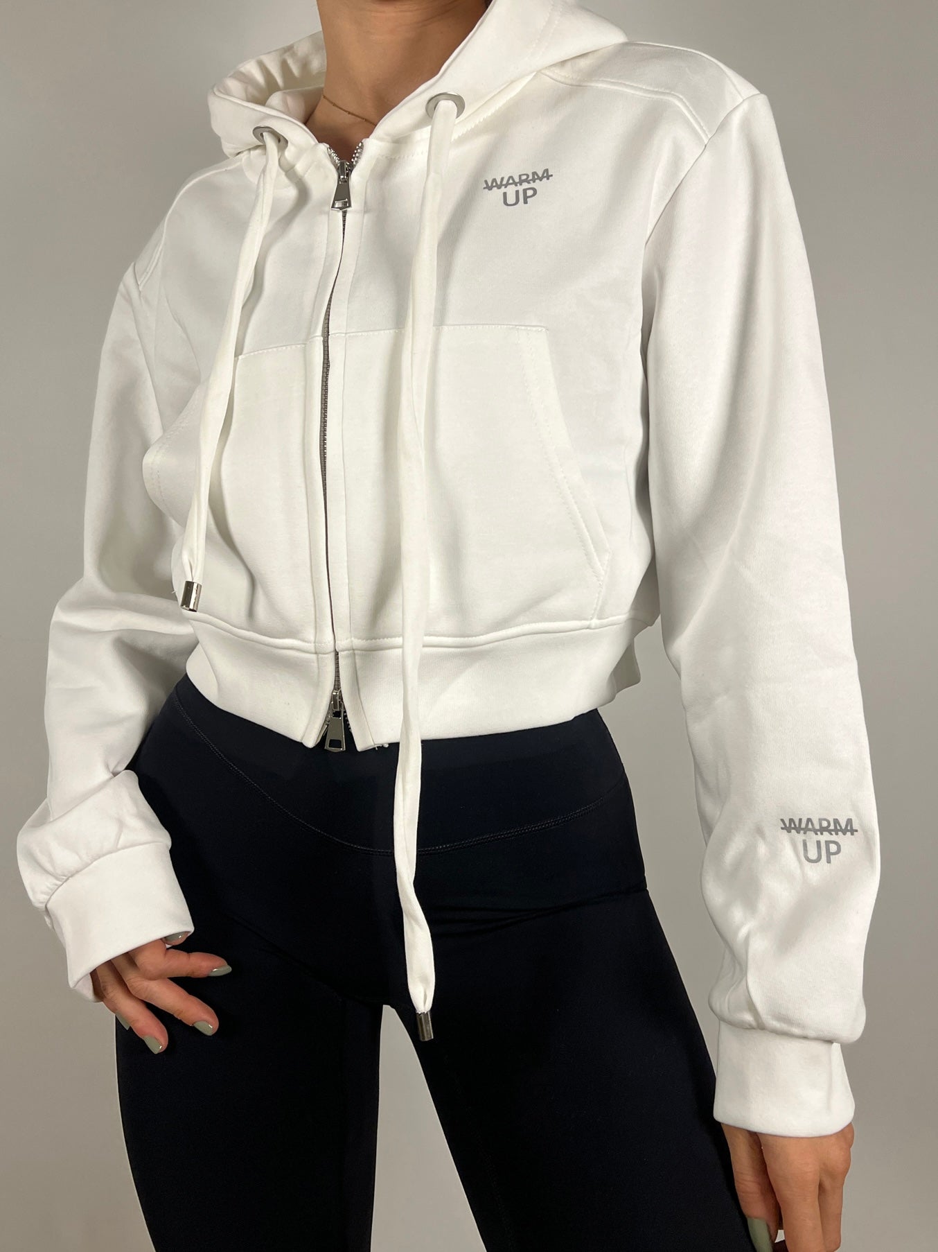 White Cropped zip up Hoodie