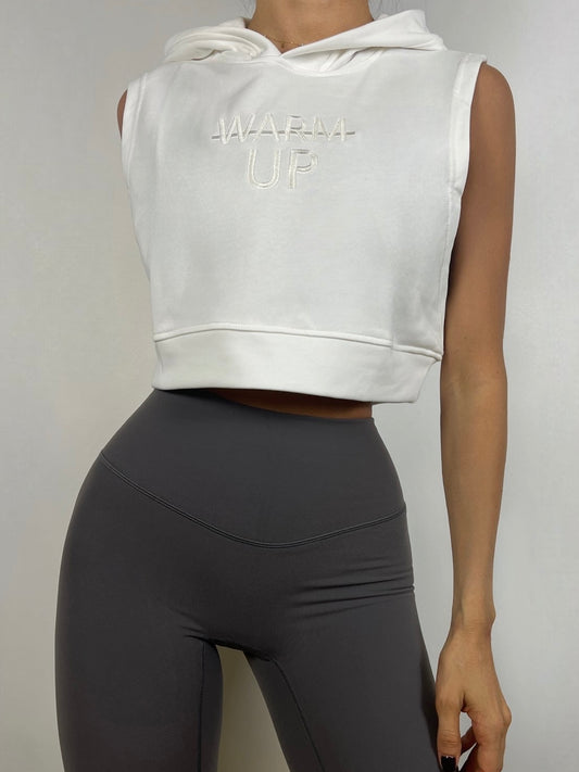 White Sleveless Crop Hoodie