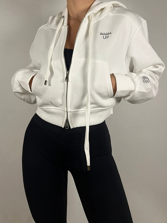 White Cropped zip up Hoodie