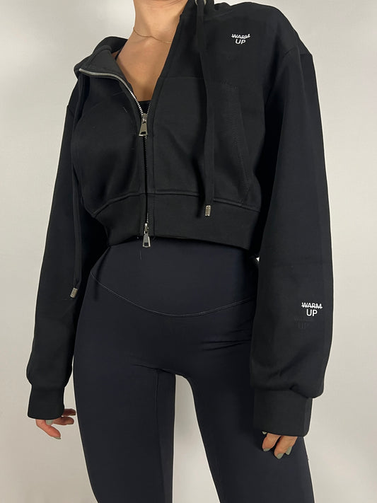 Onyx Black Cropped Zip up Hoodie