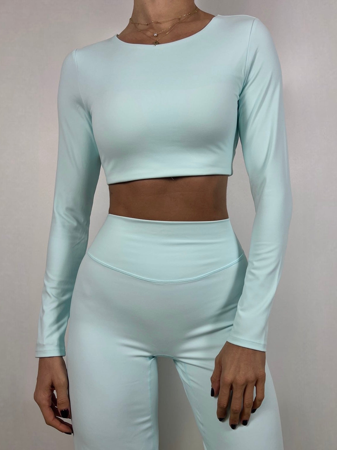 Cyan Blue Open back long sleeve top