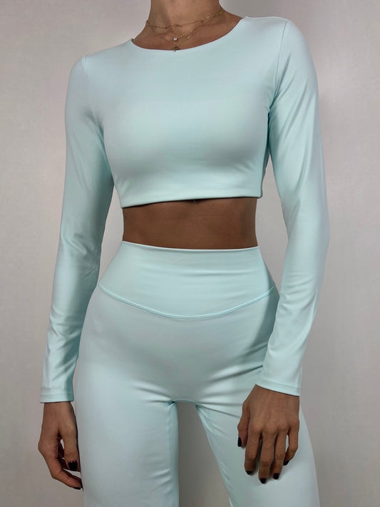 Cyan Blue Open back long sleeve top
