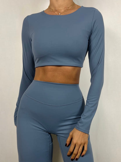 Dusty Blue Open back Long sleeve Top
