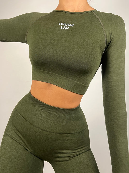 Army Green Seamless Long Sleeve Crop top