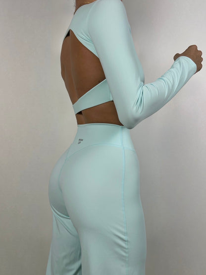 Cyan Blue Open back long sleeve top