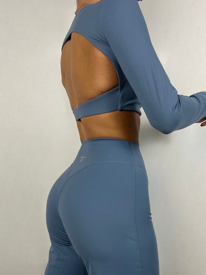 Dusty Blue Open back Long sleeve Top