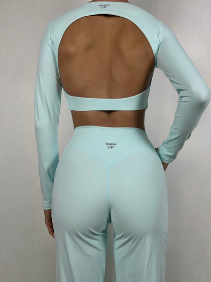Cyan Blue Open back long sleeve top