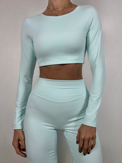 Cyan Blue Open back long sleeve top