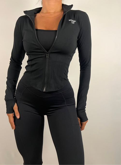 Black Sculpt Luxe Long Sleeve Hooded Gym Jacket